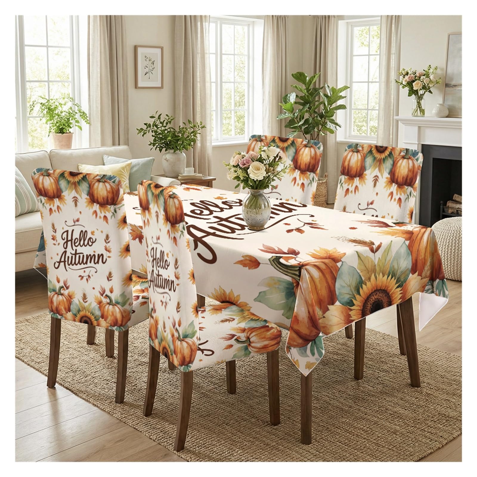 BOSUYBN Stretch Dining Chair Slipcovers And Tablecloth Set, Hello Autumn Pumpkin Sunflower Print, 5/7 Pack For Dining Room Kitchen Fall Home Decor Table Setting(5pcs Set: Tablecloth+Chair Covers)