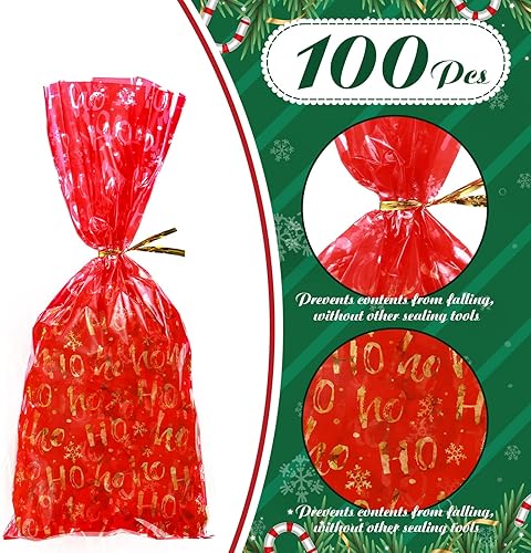 Miniatura 4 de 100 bolsas de celofán de Navidad, bolsas de regalo de Navidad con lazos giratorios, bolsas de plástico para aperitivos, bolsas de regalo de