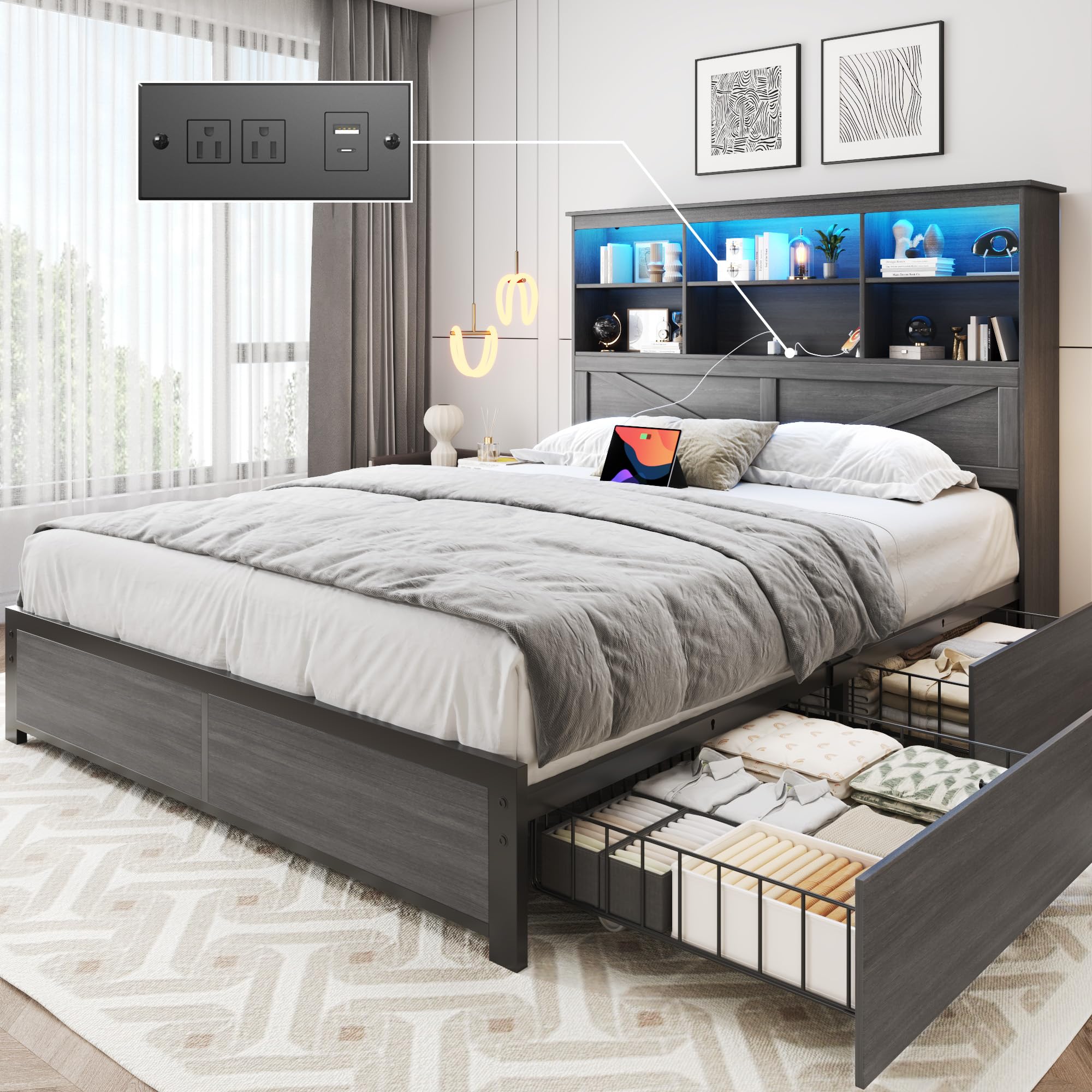 HISOFT Queen Bed Frame with Headboard, Queen Bed Frame with High Storage Bookcase, 4 Storage Drawers & LED & Charging Station,No Box Spring Needed/Noise Free/All-Metal Support, Grey