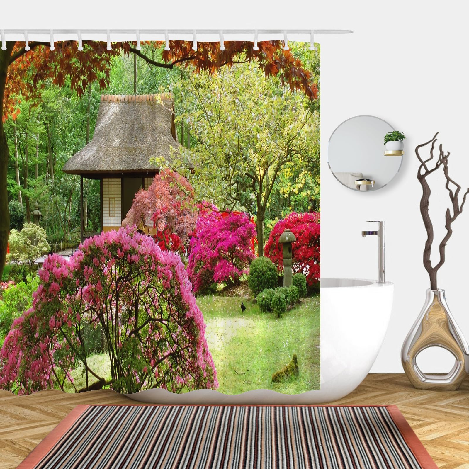 Simpomsy Garden Shower Curtain 3D Garden View Flowers Trees Outdoor Nature Scenery Waterproof Cloth Fabric Bathroom Decor Set including Hooks 150x180cm - Image 3