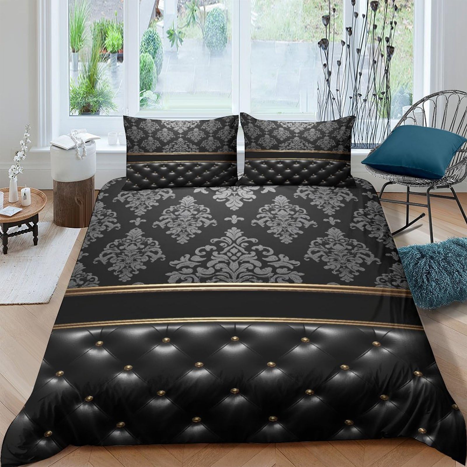 Ctjqhvkz Style-1 3D Printed Baroque Damask Fitted Sheet Microfiber Soft Black Gold Vintage Mattress Cover For Bedroom Dorm Easy Care Decor Single（135X200cm）