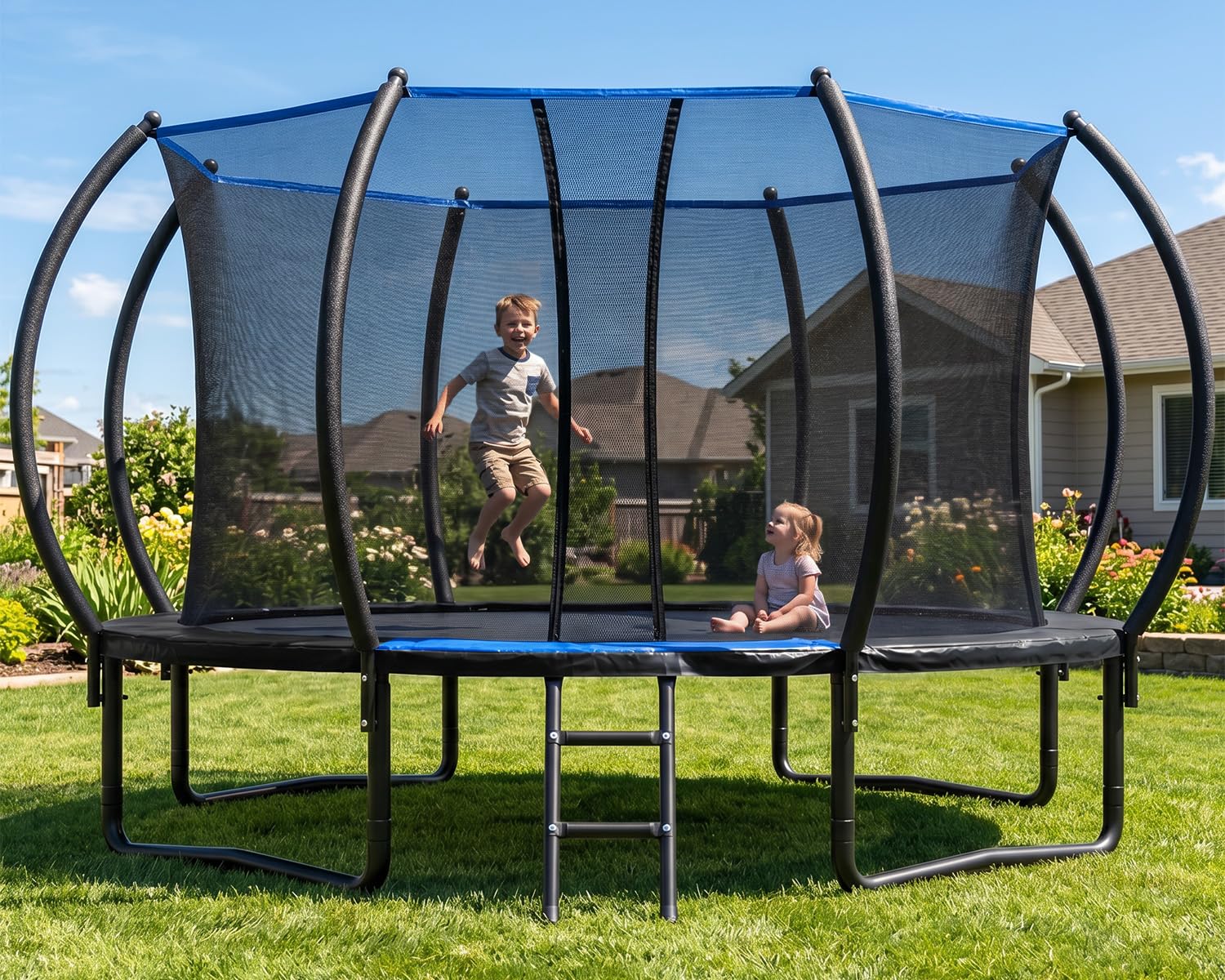 Netrum Trampolin Outdoor Ø228/305/366 cm, mit Sicherheitsnetz & Leiter, Schutzplane & Gepolsterten Netzstangen 150kg Belastbarkeit, Oval Outdoor Trampoline für Kinder & Erwachsene