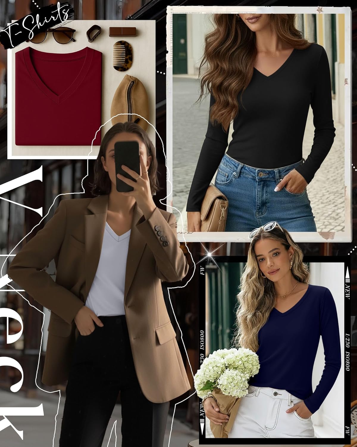 Huukeay 4 Pack Women's V Neck Long Sleeve T Shirts Basic Tops Casual Fall Loose Fit Blouse Tee Clothes Fashionable Outfits(Black, White, Navy Blue, Wine Red,X-Large) - Image 5