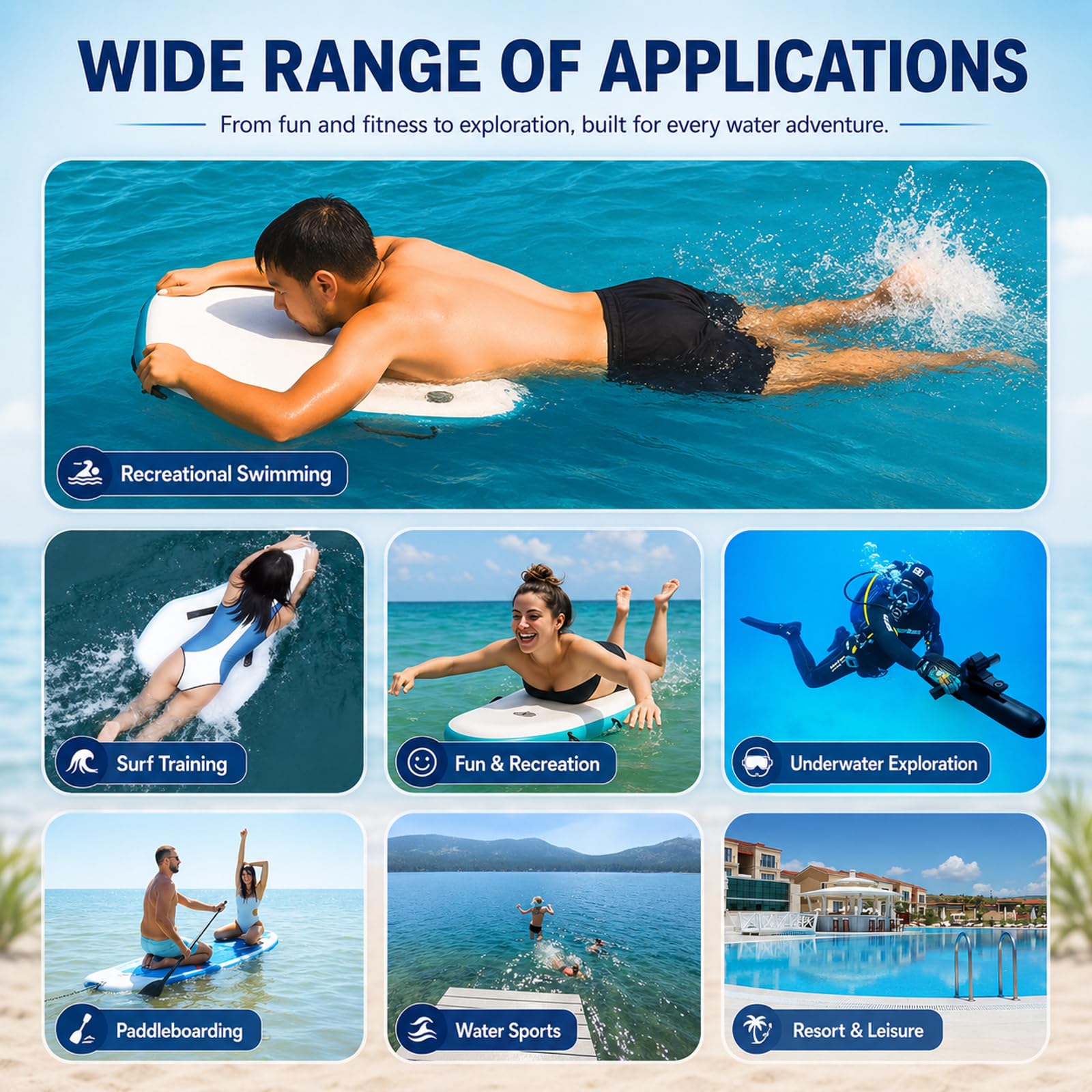 Dickes aufblasbares Bodyboard für Strand & Surfen | mit 500W 10A/16A Antrieb erhältlich, 100kg Kapazität, Einfache Lagerung und Transport, zum Surfen und Schwimmen 10A