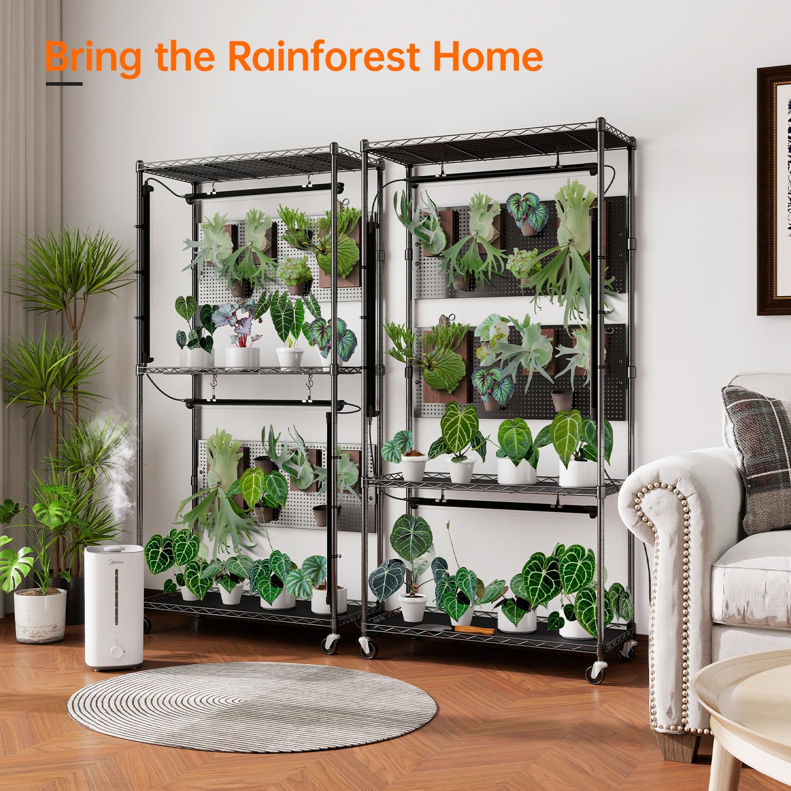 Bstrip Estante para plantas con luz de crecimiento y tablero de clavijas, soporte de metal para plantas con estante ajustable y ruedas, 4 tiras de luz de crecimiento de espectro completo de 24 W para