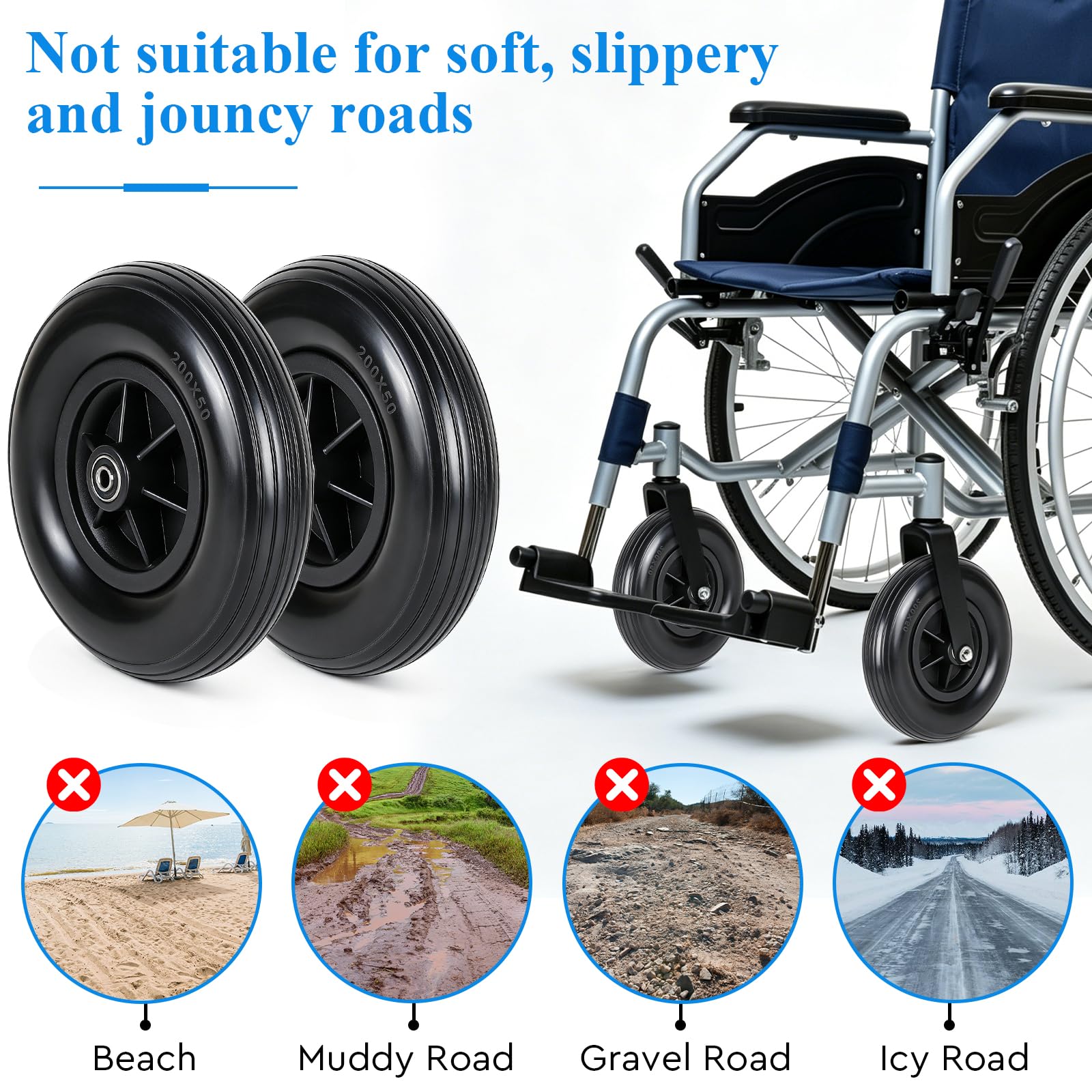 EFUTURETIME 2 x Ersatzräder 190mm Vollreifen, Ersatz Lenkrollen PU für Rollstuhlräder Vordere 8 Zoll für Rollator, Rollstuhl, Laufrad, Gehhilfe (Schwarz)