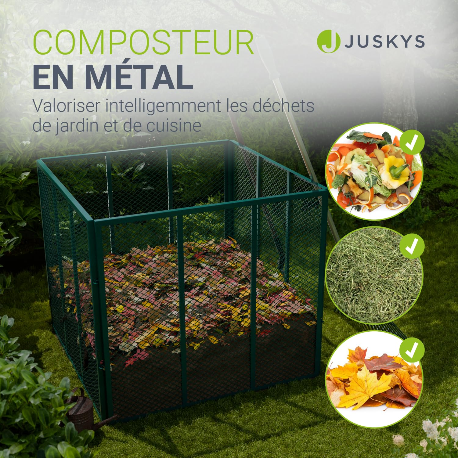Juskys composteur en métal 800 L, Acier galvanisé et thermolaqué, résistant aux intempéries, aération par Cadre grillagé, compostage Rapide – Vert foncé