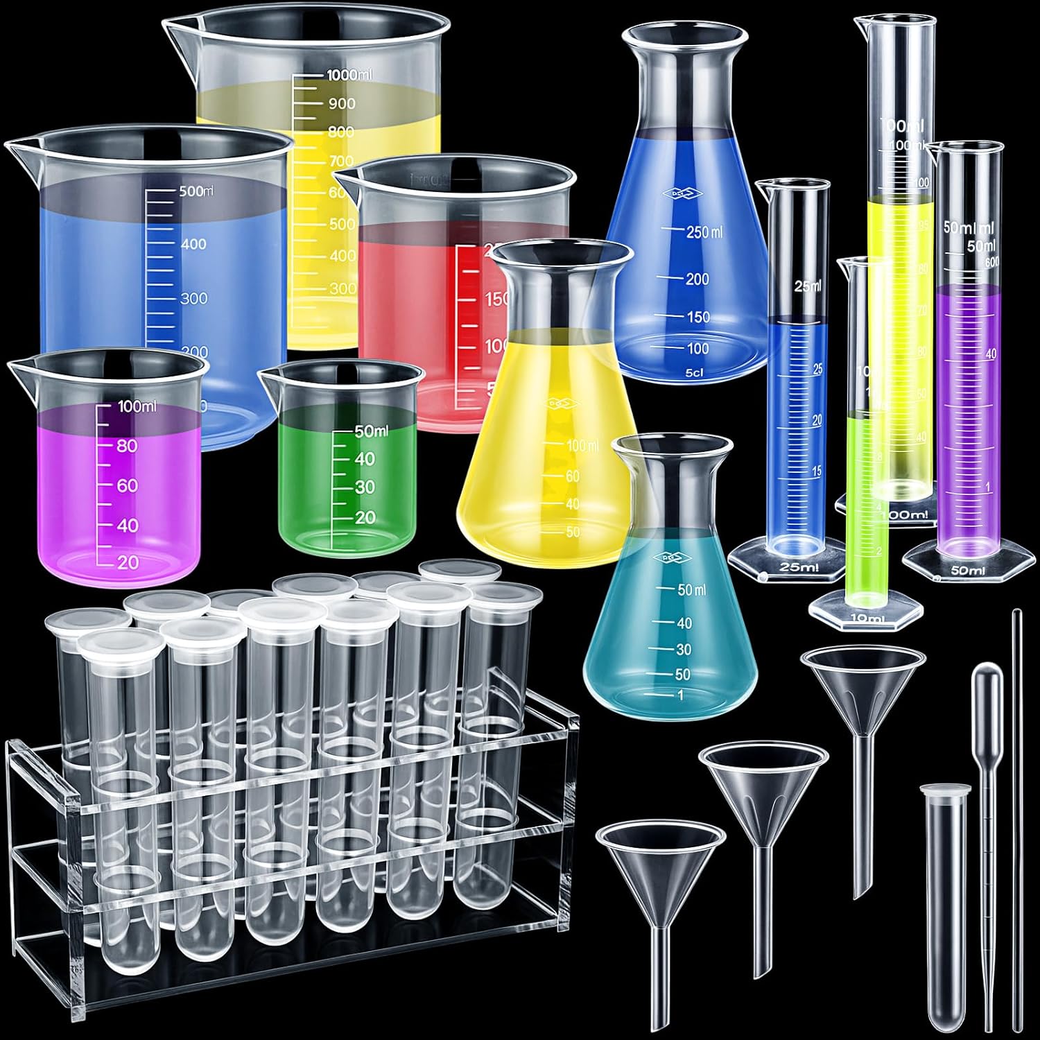 42 Pcs Beakers Test Tubes Set 5 Plastic Beakers 4 Graduated Cylinders 3 Long-Tube Funnels 3 Erlenmeyer Flask 4 Stirring Rods 10 Droppers 12 Plastic Test Tubes with Rack for Science Lab DIY