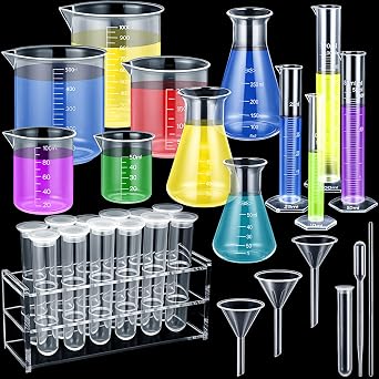42 Pcs Beakers Test Tubes Set 5 Plastic Beakers 4 Graduated Cylinders 3 Long-Tube Funnels 3 Erlenmeyer Flask 4 Stirring Rods 10 Droppers 12 Plastic Test Tubes with Rack for Science Lab DIY