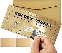 Golden Ticket with Lucky Coin, Scratch Card with Envelope, Surprise Gift Reveal Scratch Off Ticket Card as Birthday Card Wedding Card Concert Ticket Cinema Voucher Raffle Gift Card for Kids Women Men