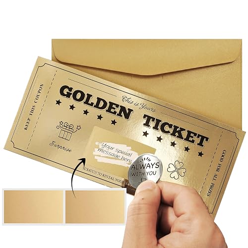 Golden Ticket with Lucky Coin, Scratch Card with Envelope, Surprise Gift Reveal Scratch Off Ticket Card as Birthday Card Wedding Card Concert Ticket Cinema Voucher Raffle Gift Card for Kids Women Men - 1 Golden Ticket with Lucky Coin
