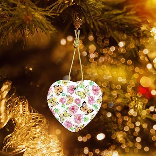 Miniatura 4 de Adornos de Navidad de acuarela de mariposa y rosa, adorno personalizado de porcelana con corazón, decoraciones de cerámica, adornos colgantes para