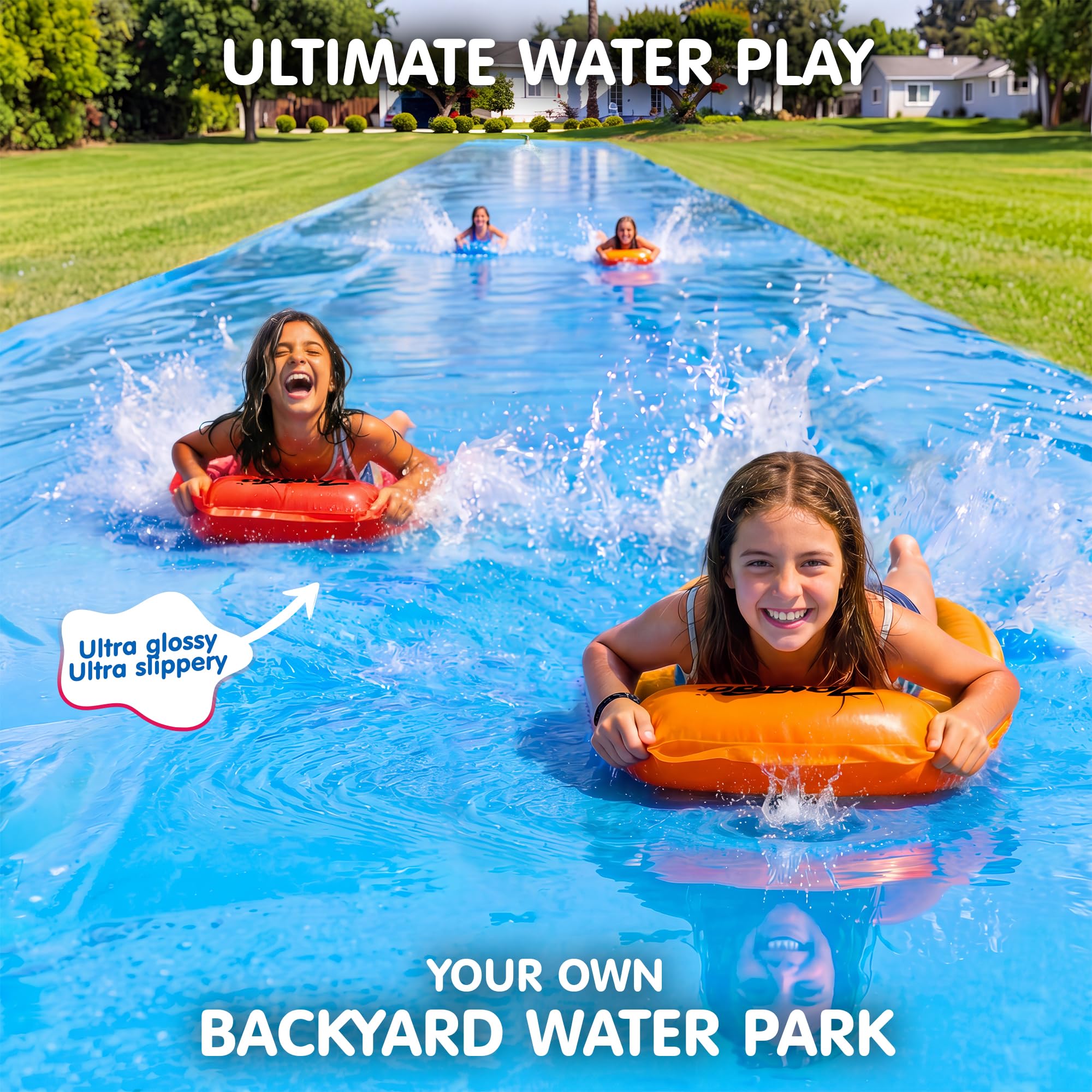 JAMBO XXL Mega-Wasserrutsche und 2 Bodyboard-Update-Modelle, extra lang, extra breit, Spritzschutz und Rutsche für Kinder, robuste Wasserrutsche für Hinterhof, Rasen, Outdoor-Wasserspielzeug