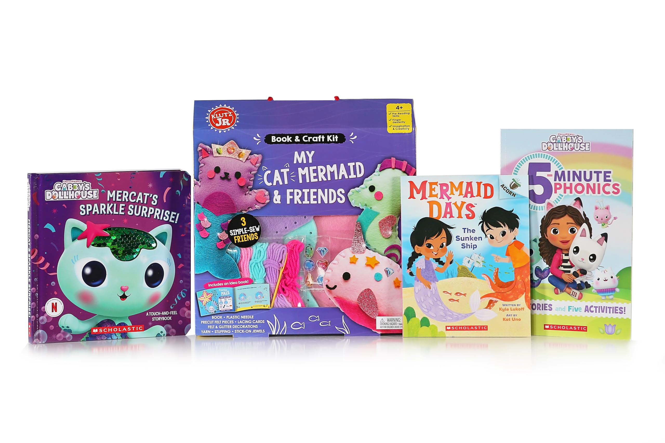 Klutz Jr. My Cat Mermaid & Friends Craft Kit, Sunken Ship: An Acorn Book, Gabby's Dollhouse 5-Minute Phonics Paperback, and MerCat's Sparkle Surprise!: A Touch-and-Feel Storybook for beggining readers