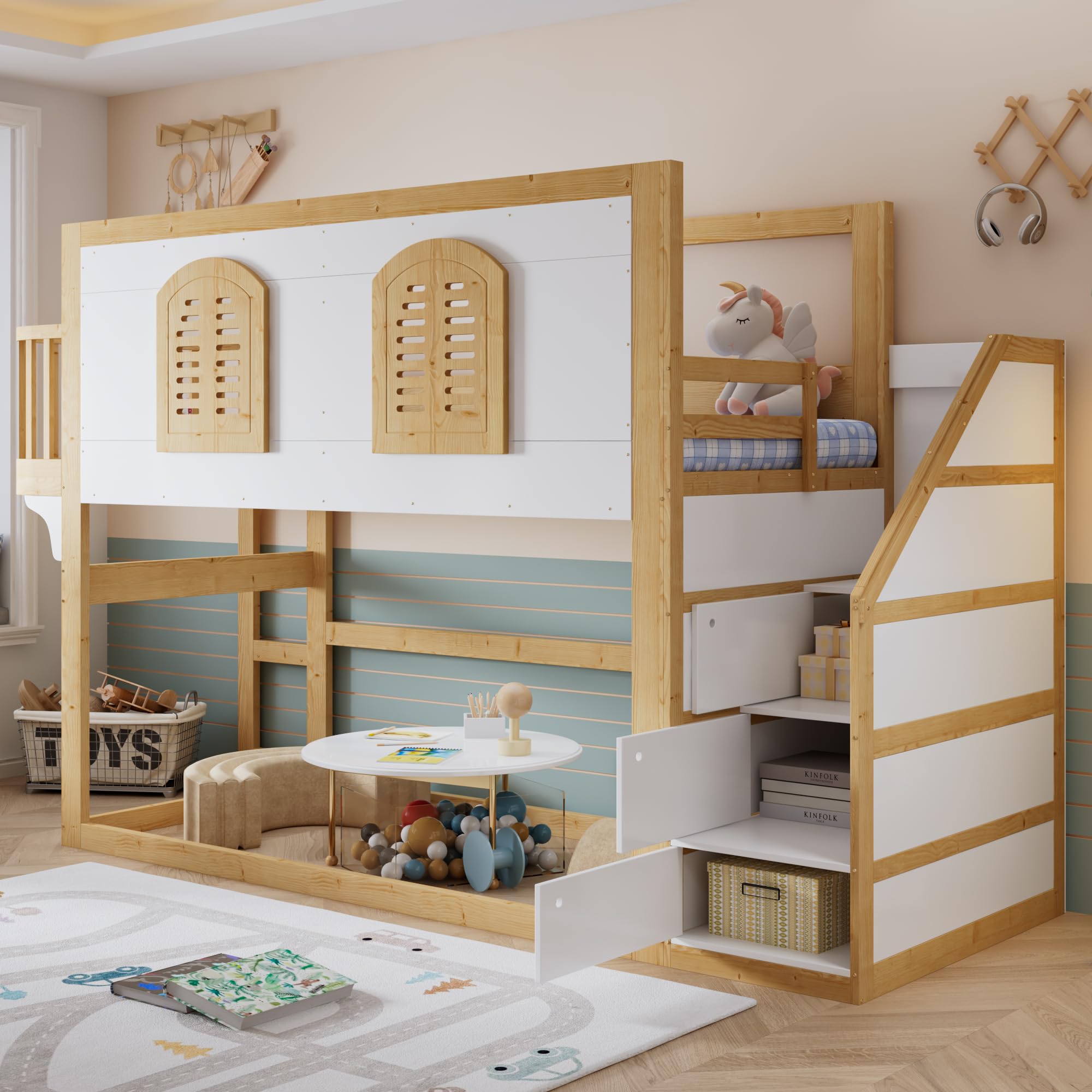 Kinder-Hochbett 90x200 cm, Massivholz Weiß & Natur, Treppenschrank, Spielfläche, Fenster, Sicherheitsgeländer, Lattenrost