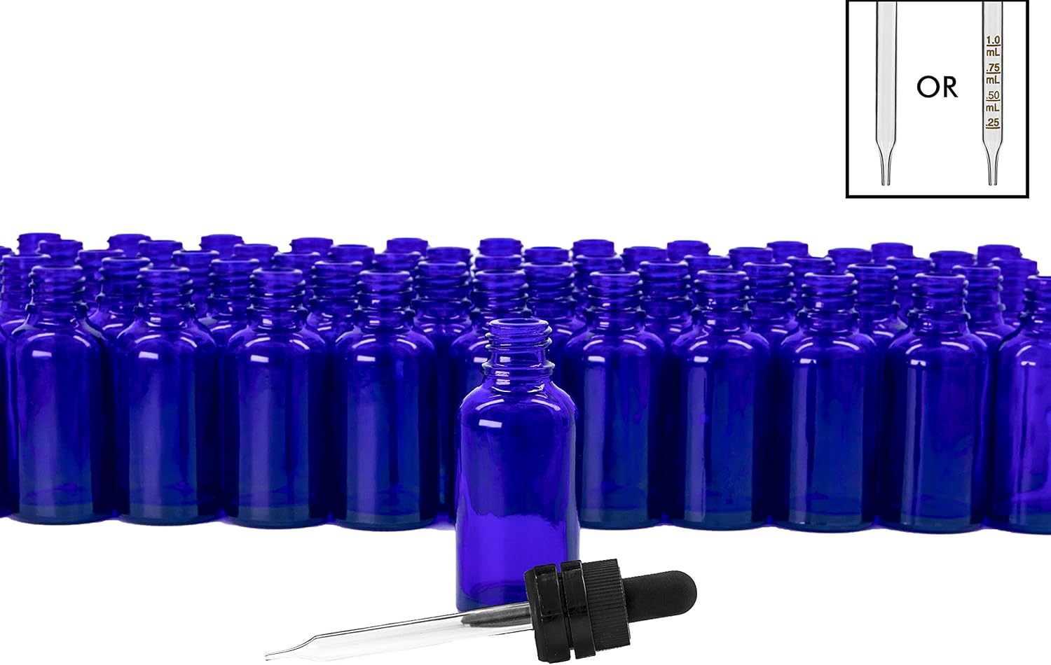30mL Cobalt Blue Glass Euro Dropper Bottles with Clear or Graduated Dropper Assemblies- Pack of 110 (Tamper Evident/Child Resistant "Superdropper' Clear Pipette)