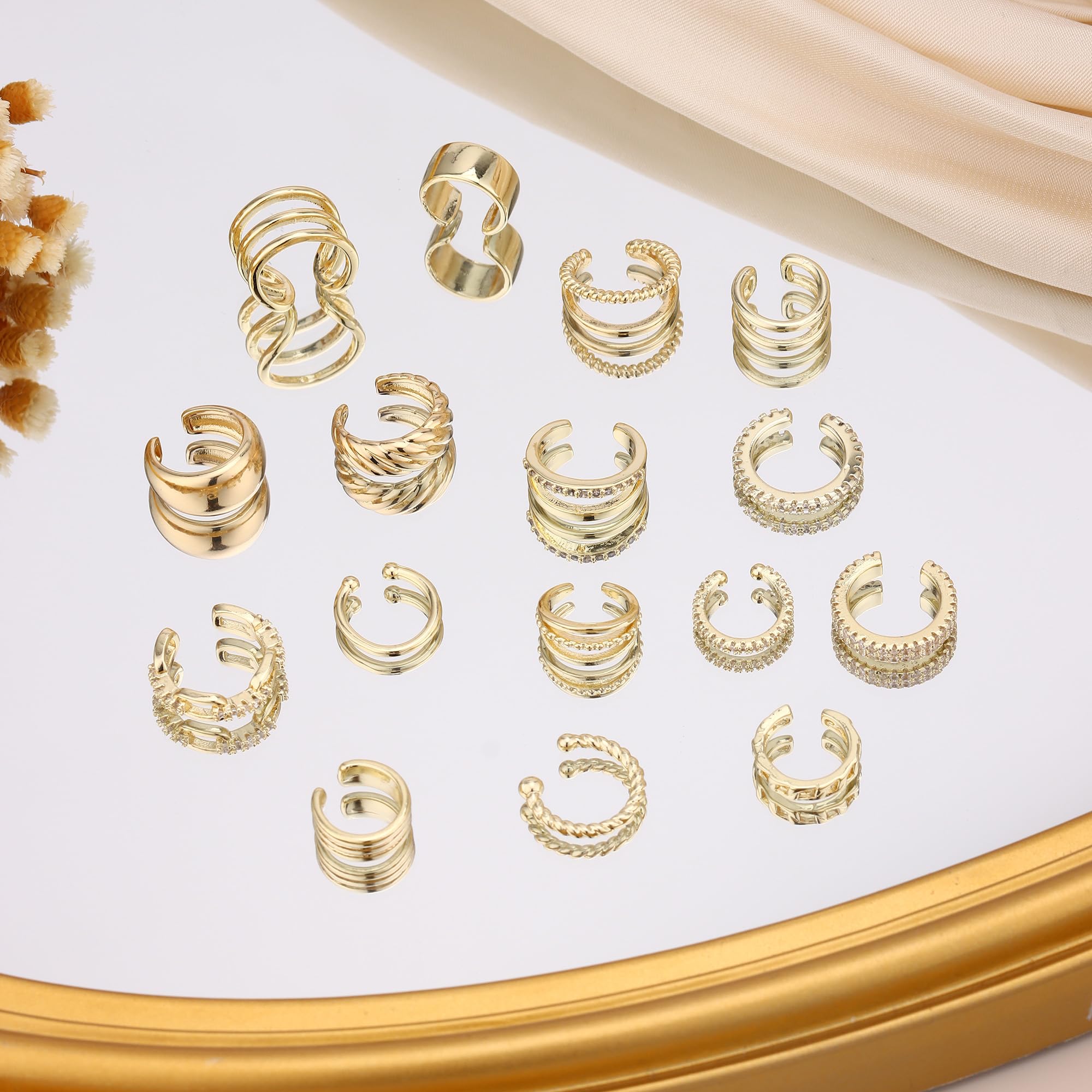 WAINIS 16PCS Ear Cuff Earrings for Women Non Piercing Gold Silver Ear Cuffs 14k Gold Tone Clip On Cartilage Earrings Lightweight Fake Earrings Set