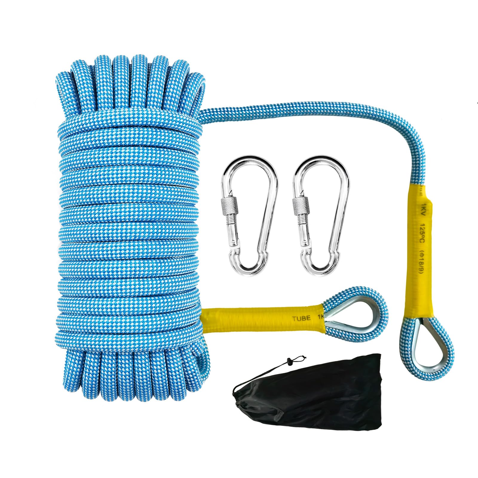 Corde d'escalade Statique 12mm 20m en Nylon Haute Performance avec 2 Crochets en Acier Corde de Sauvetage d'extérieur Corde de Sauvetage pour Camping, Alpinisme, Bateau, Bleu