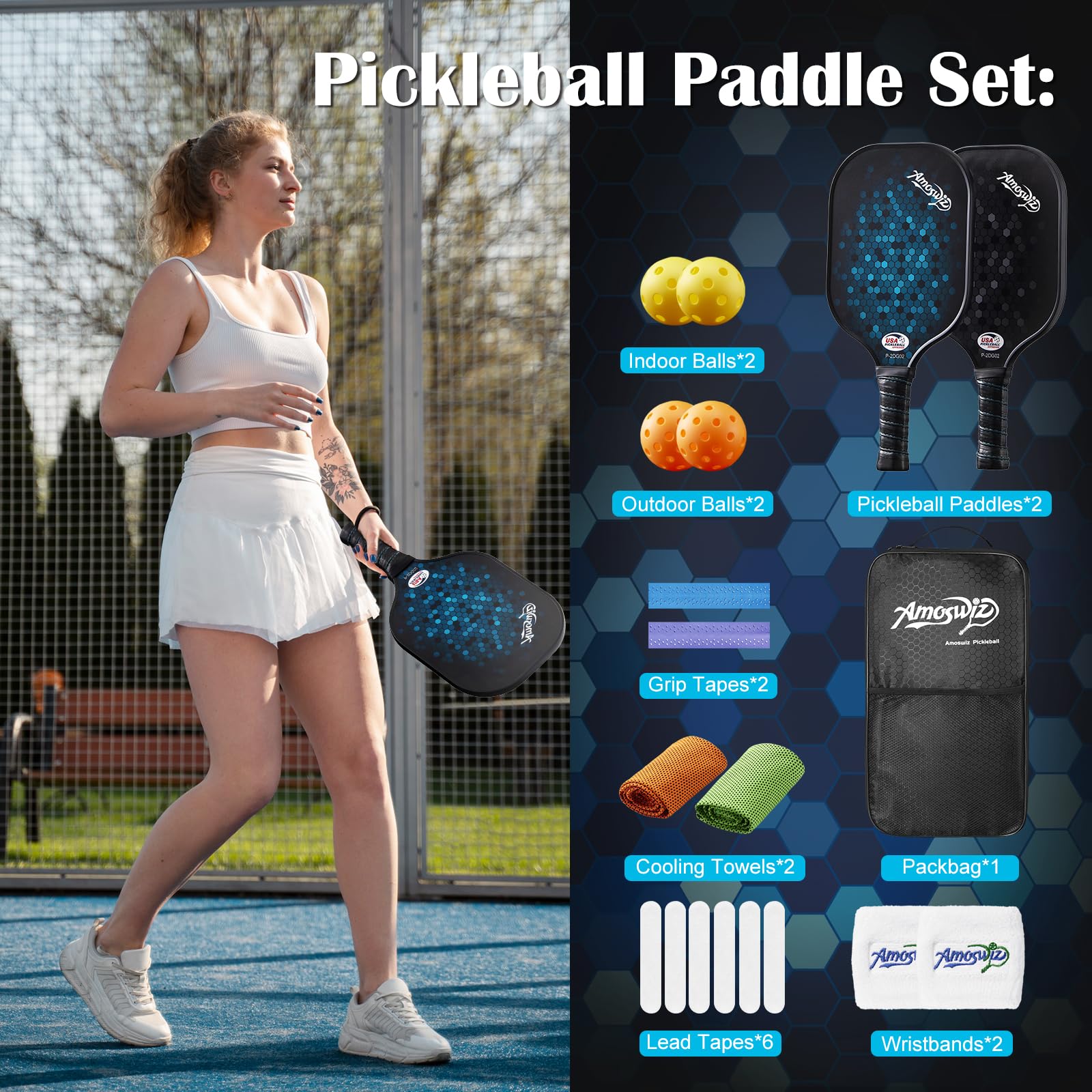Squatch Tek Fiberglass Pickleball Paddle Set - 2 Paddles, Balls & Carry Bag
