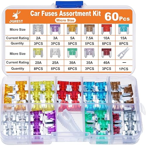 JOREST Kit de fusibles de coche de 60 piezas, kit surtido de fusibles de repuesto para cochecaravanacamionetamotocicleta (2 amperios, 3A, 5A, 7.5A, JOREST Kit de fusibles de coche de 60 piezas, kit surtido de fusibles de repuesto para cochecaravanacamionetamotocicleta (2 amperios, 3A, 5A, 7.5A,