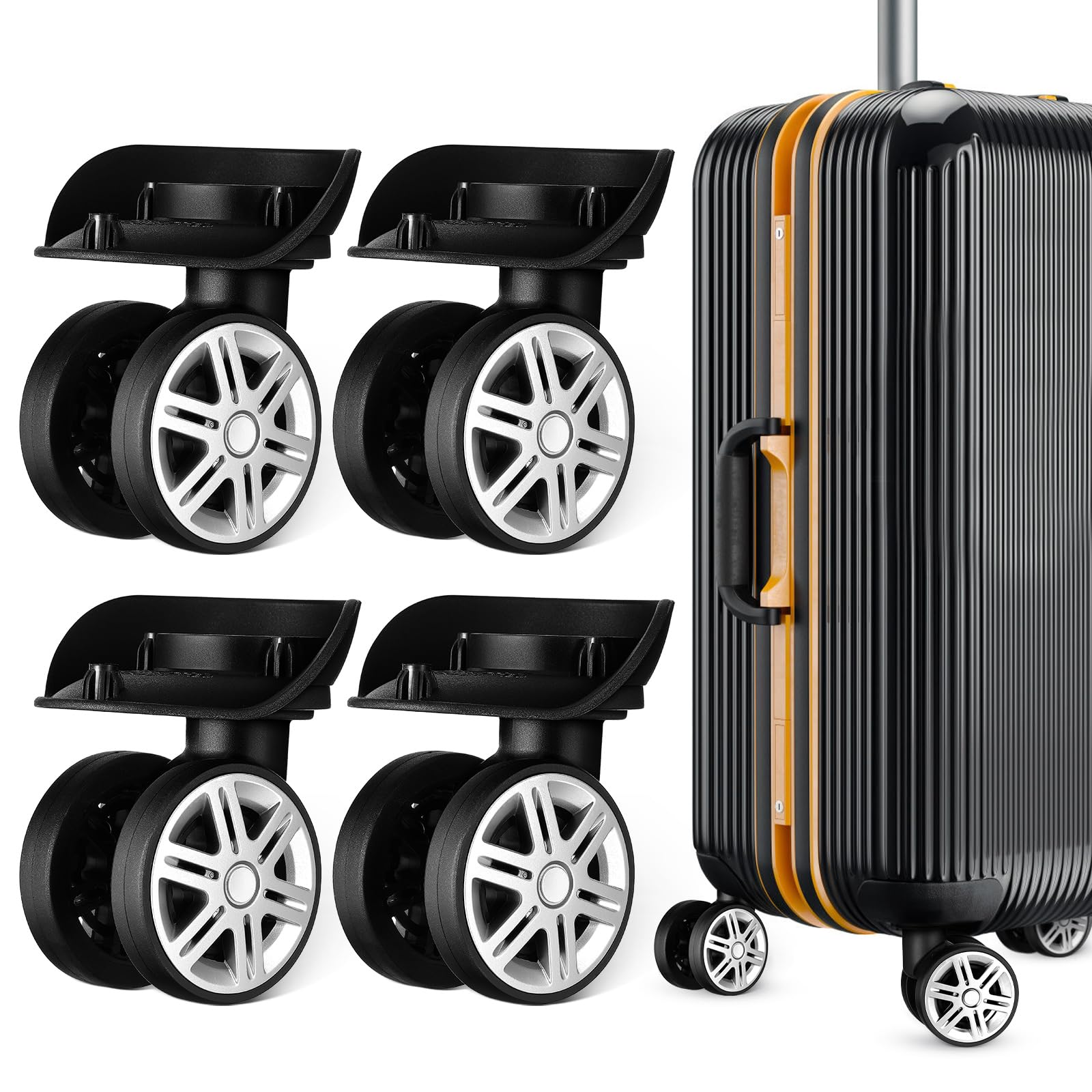 Healeved Lot de 4 roulettes pour Valise en Abs Noir Design Double-Roues, Direction Flexible et Robustesse pour Remplacement des Valises à roulettes