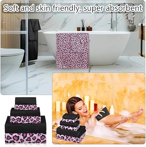 Miniatura 4 de Yoande Juego de 6 toallas de baño de leopardo, incluye 2 toallas de baño, 2 toallas de mano y 2 toallas faciales, toallas de ducha suaves y