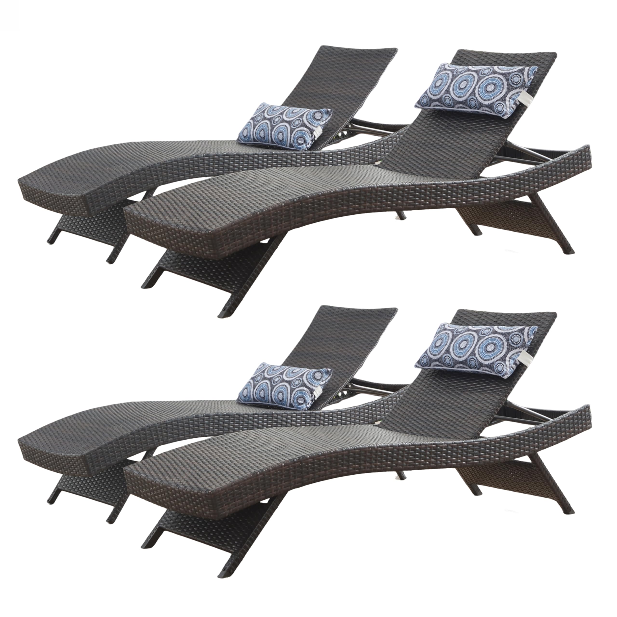 79'' Long Reclining Chair Set of 4 with Cushions, Outdoor Chaise Lounge Set, Rattan Chaise Lawn Sunbathing Chairs, PE Wicker Reclining Lounge Chair
