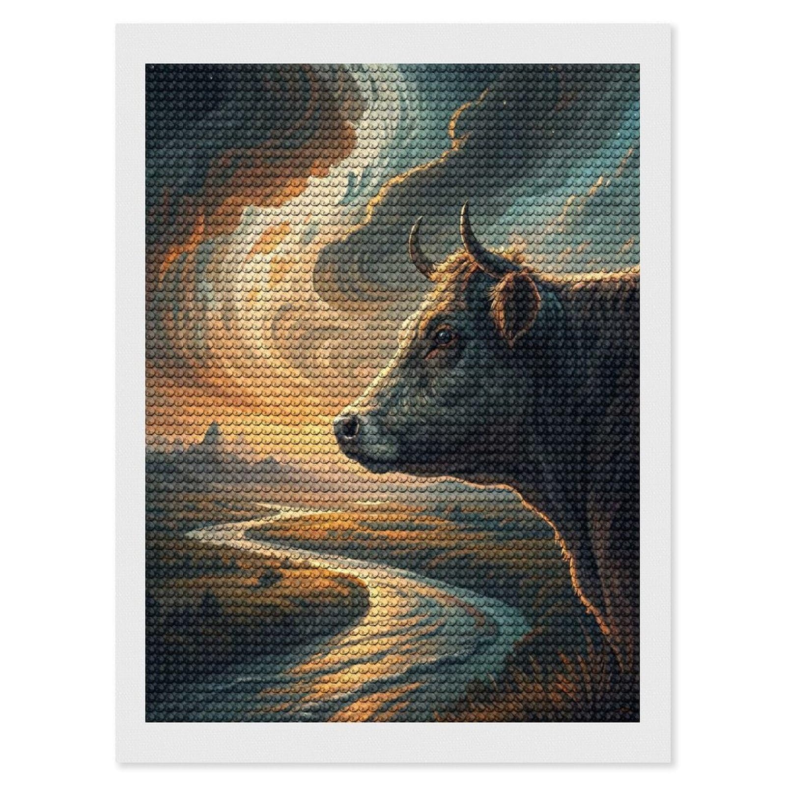 Junmoney Majestic Cow Overlooking A Winding River Diamond Art Kit 12"x16", Holiday Gift Idea, for Women, Easy Handmade Project, Vintage Style Decor, Printed Canvas