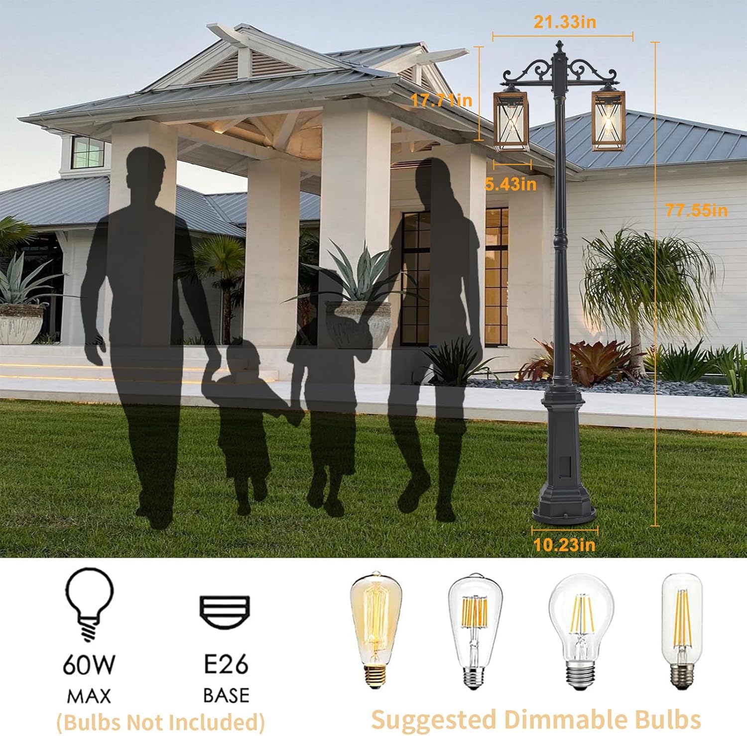 Dusk to Dawn Outdoor Lamp Post Lights with GFCI Outlet,Double-Head Farmhouse Street Light Fixture,Aluminum Black Pole Exterior Lights, Waterproof Lantern Outdoor Lighting