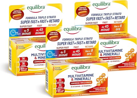 Equilibra Multivitamine e Minerali Rilascio Fino a 8 Ore, 3x30 Compresse | Formula Triplo Strato, con Vitamine A, B, C, D, E, Ferro, Iodio, Zinco, per Energia e Sostegno, Senza Glutine, Vegetarian