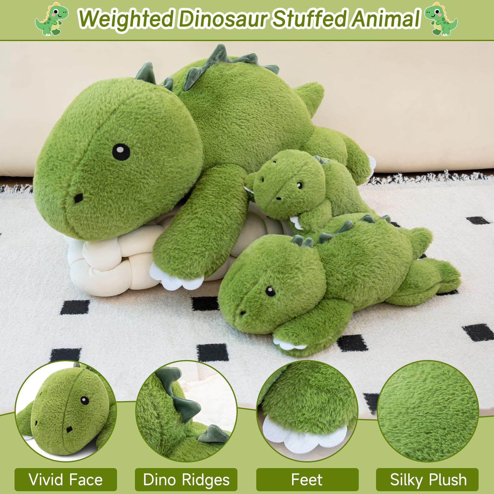 El peluche de dinosaurio SQEQE de 25 cm, destacando su suave textura y diseño ponderado.
