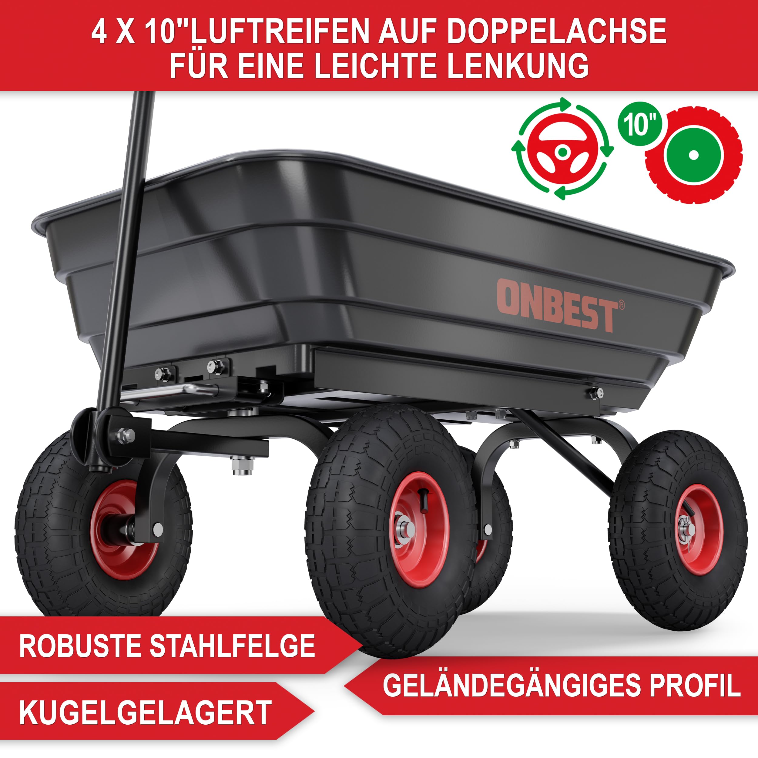 ONBEST Transportwagen mit Kippfunktion – 300 kg, 75 L Wanne | Schwarze Gartenkarre mit großer Kunststoffwanne – als Bollerwagen und Dumper inkl. großem Gartenabfallsack