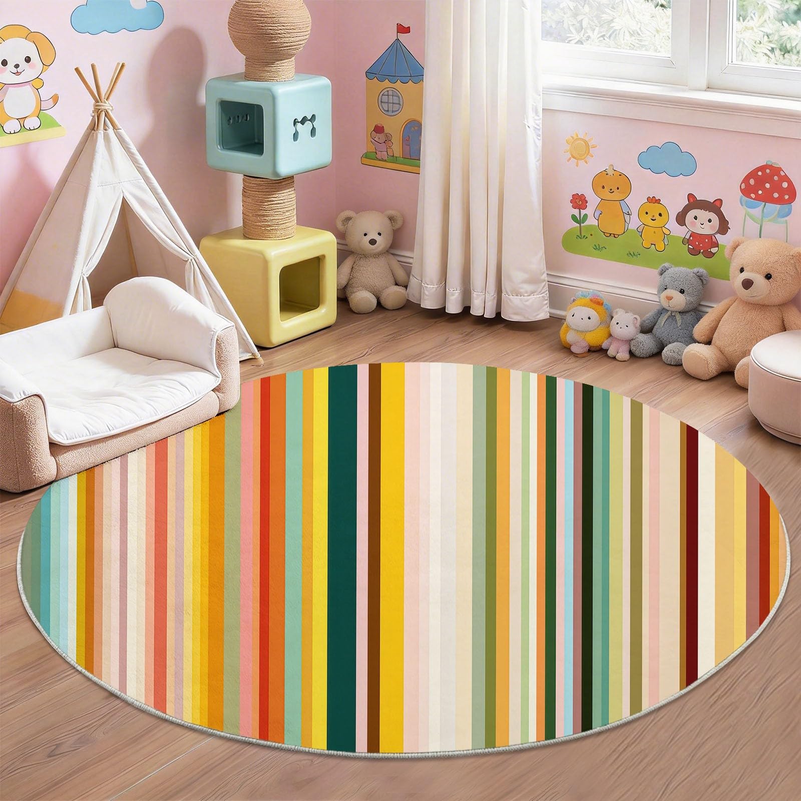 Tappeto rotondo a pelo basso, 90 cm, motivo astratto, motivo arcobaleno a righe, per sotto il tavolo, moderno, alla moda, lavabile, antiscivolo, per sala da pranzo e soggiorno, multicolore