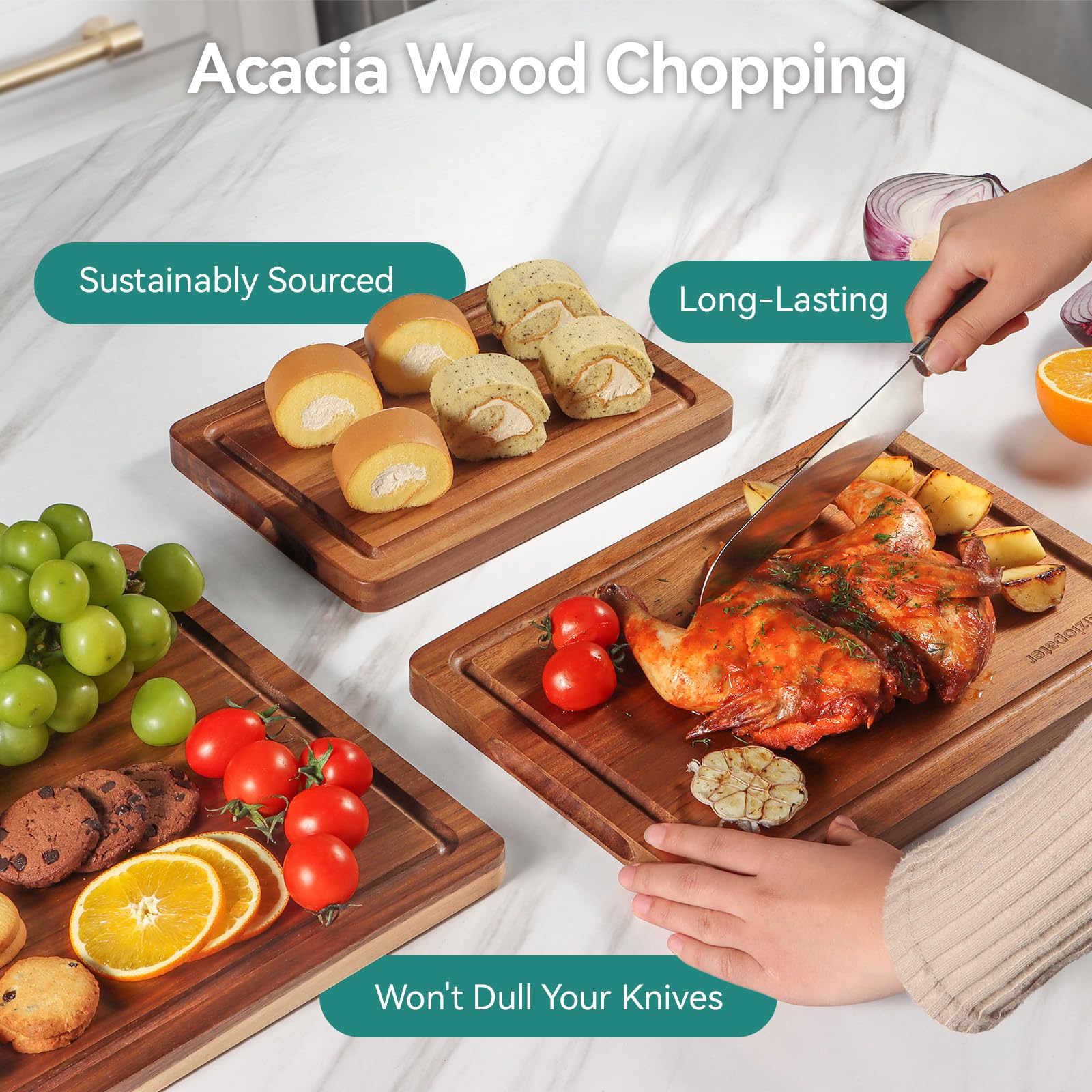 Tabla de cortar de madera de acacia, juego de 3 tablas de cortar de madera maciza con soporte con ranuras profundas para jugo y asas integradas, tabla de cortar de madera duradera para cocina para