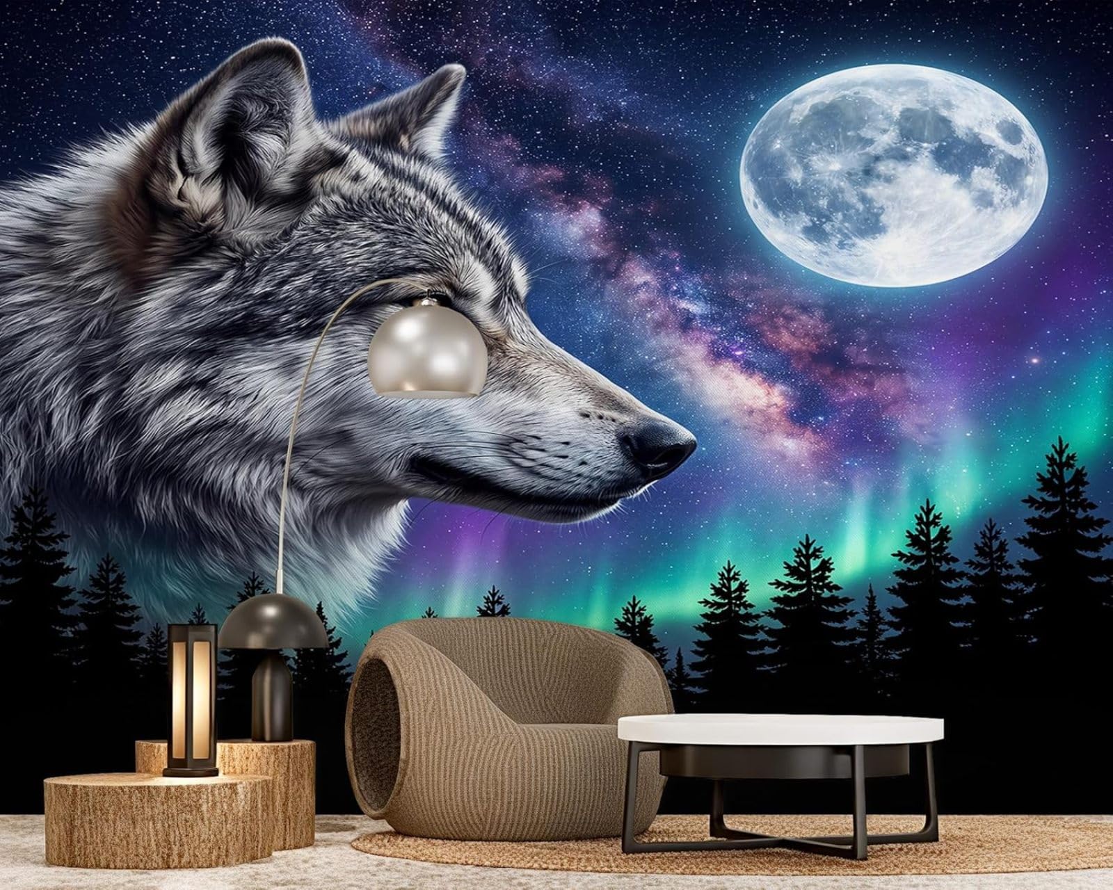 Hgjdjhnf 3D Mural Wolf Photo Wallpaper, Starry Sky, Galaxy, Northern Lights, Forest, 3D Wallpaper, Modern Living Room, Bedroom, Children's Room Wall Decoration, Motif Wallpaper, 300Cm X 210Cm, Wall Sticker - Background