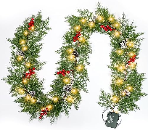 Guirnalda de luces de Navidad preiluminadas, 40 LED, funciona con pilas, con temporizador, bayas rojas, piña, ciprés, pino, corona, decoraciones de