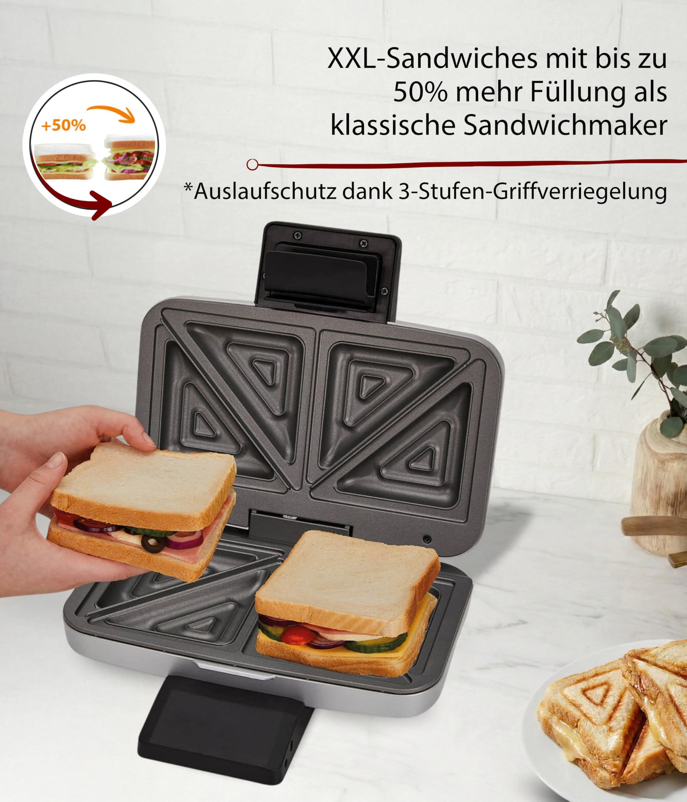 Cloer 6259 Sandwichmaker, 900 W für 2 diagonal geteilte Toasts, American Toasts, XXL Füllungen, Silber