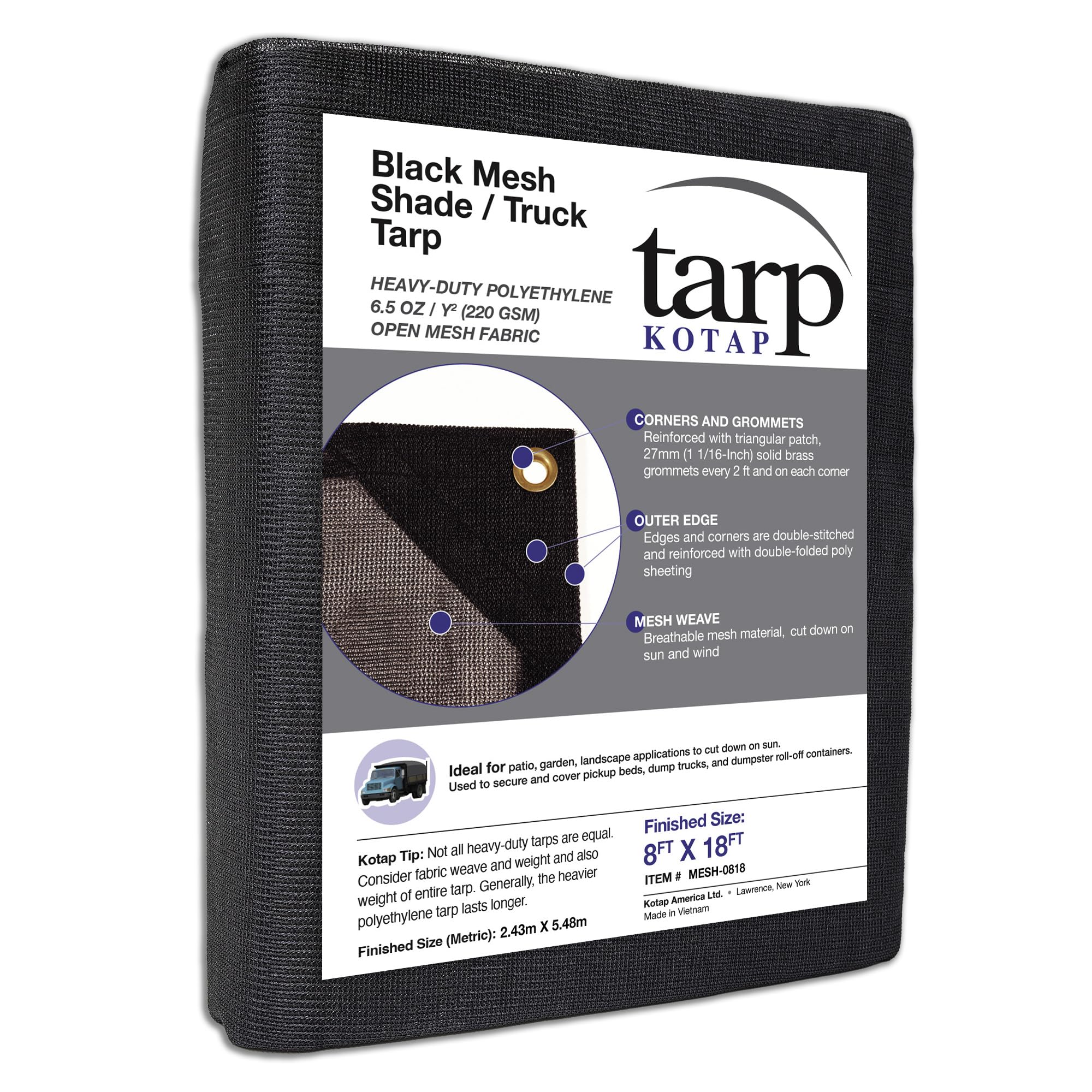 Kotap 8 x 18 Ft. Reinforced Shade/Truck Tarp for Debris Coverage, Partial Sun Coverage, Air Flow/Breathability Mesh, 6.5 oz/sq Yard, MESH-0818, Black