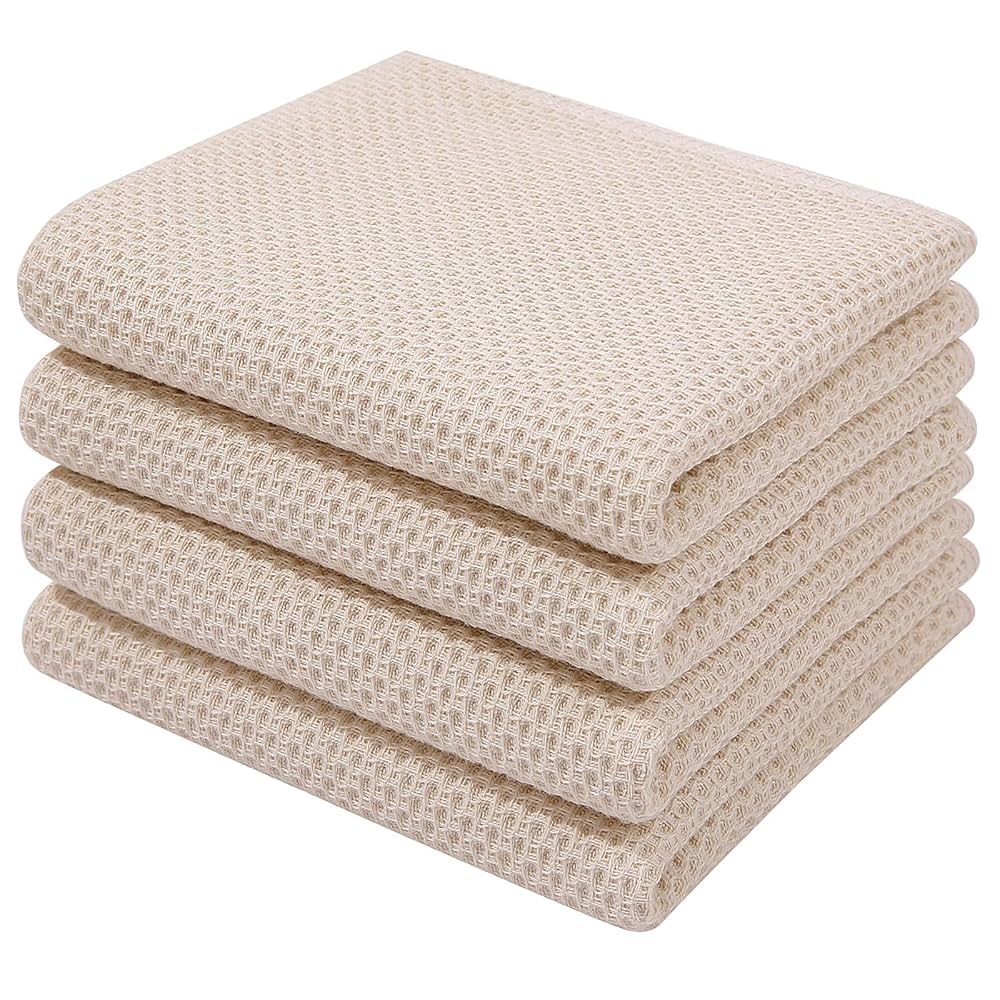 Homaxy 100% Cotton Waffle Weave Kitchen Dish Towels, Ultra Soft Absorbent Quick Drying Cleaning Towel, 13 x 28 Inches, 4-Pack, Beige