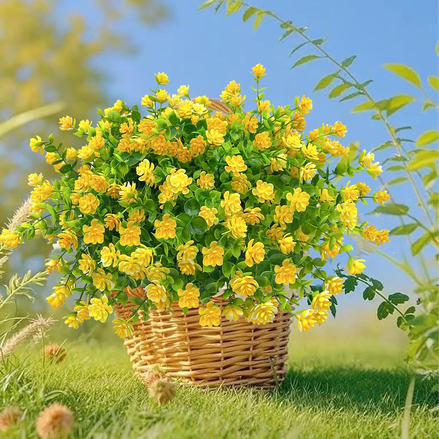 10 Bundles Artificial Fall Flowers for Outdoors,UV Resistant Fake Plastic Plants Artificial Shrubs Spring Flowers Decor of Vase and Outside Window Box, Ferns Plants for Planter-Yellow