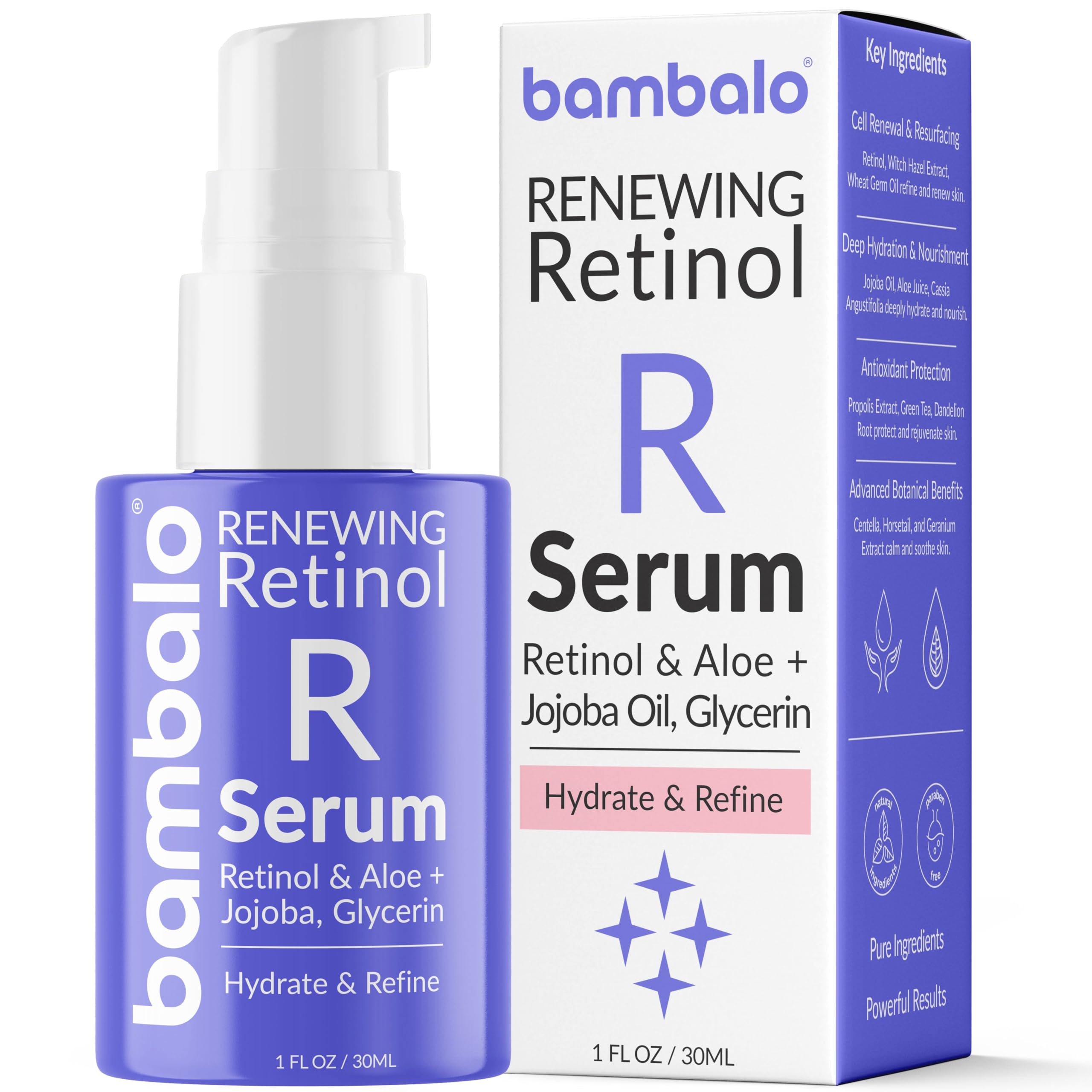 Bambalo Retinol Face Serum - With Witch Hazel, Jojoba Oil, Aloe Vera, Propolis, Vitamin E & Botanical Extracts - Smooth Texture & Hydrate Skin - 1 FL