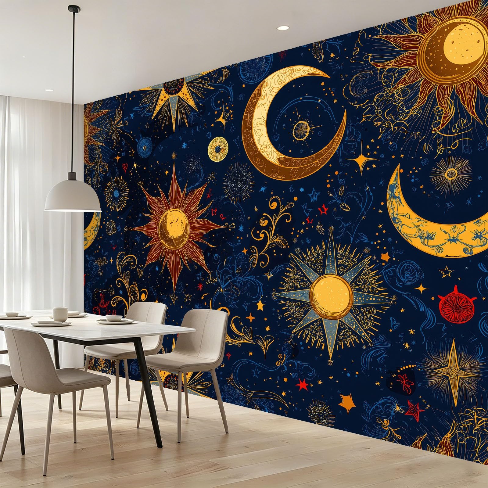 Fototapeta sztuka kosmiczna gwiaździste niebo księżyc i słońce tapeta ścienna plakat 300 x 210 cm zdjęcie do sypialni salonu TV ściana sypialnia, granatowe złoto