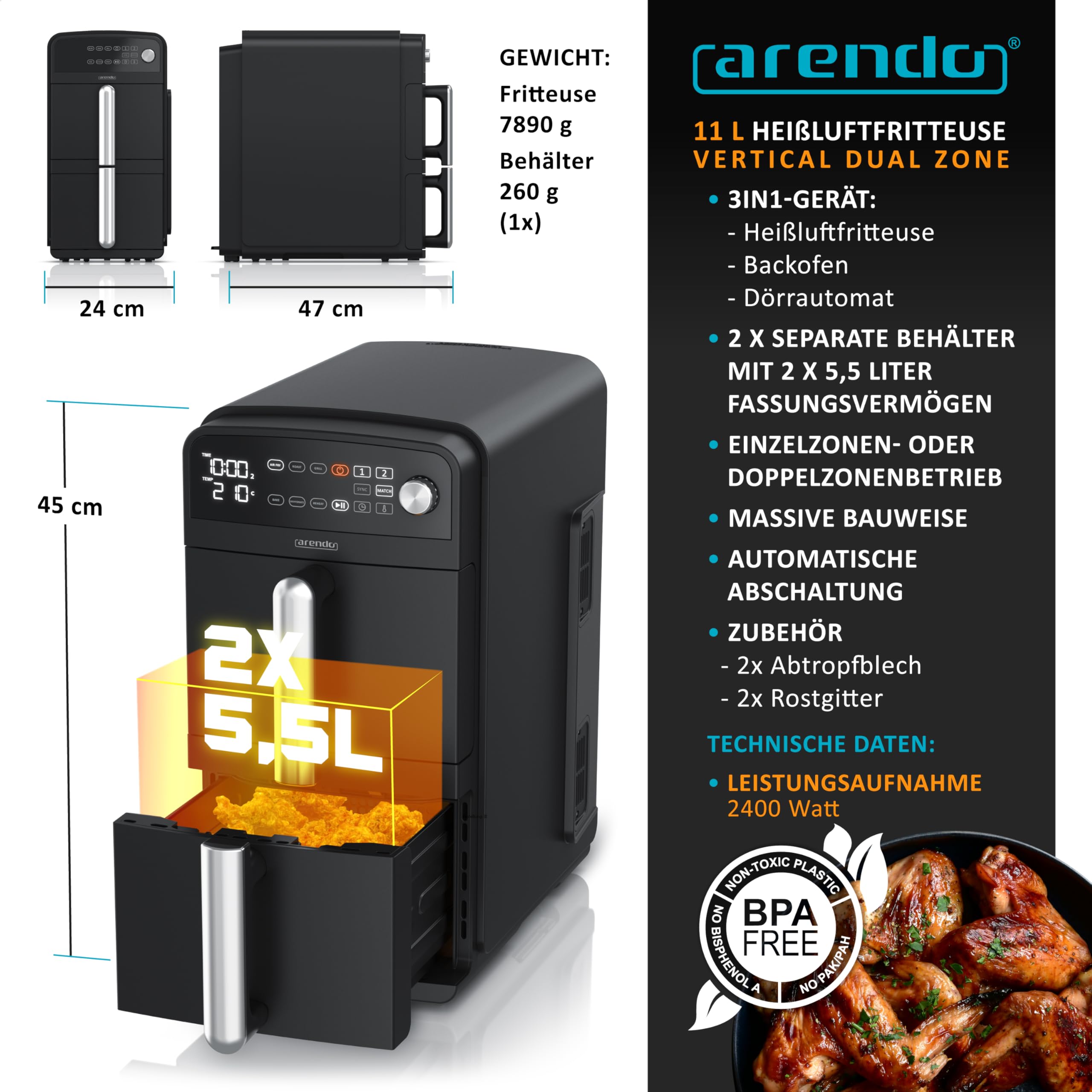 Arendo - Frytkownica na gorące powietrze Dual Zone podwójna komora – pojemność XXL 11 l – 2400 W – 2 komory 2 strefy – 3 w 1 Airfryer – 8 przycisków czujnikowych – bez BPA – 2 ruszty do grillowania
