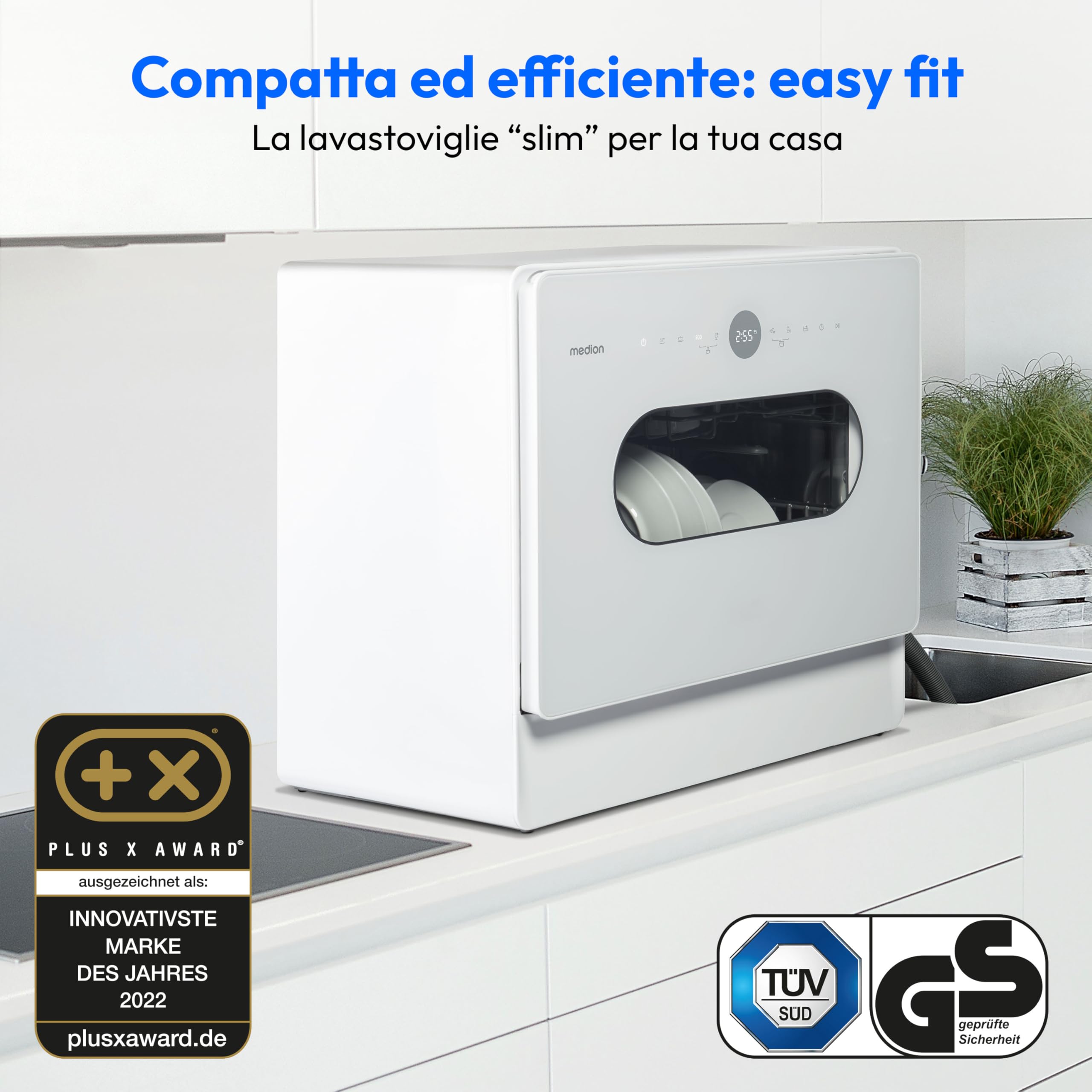 MEDION Mini Dishwasher DWT51 (lavastoviglie da tavolo con pannello di controllo a sfioramento, funzione secchio, 5 coperti, funziona con/senza collegamento all'acqua, 7 programmi di pulizia