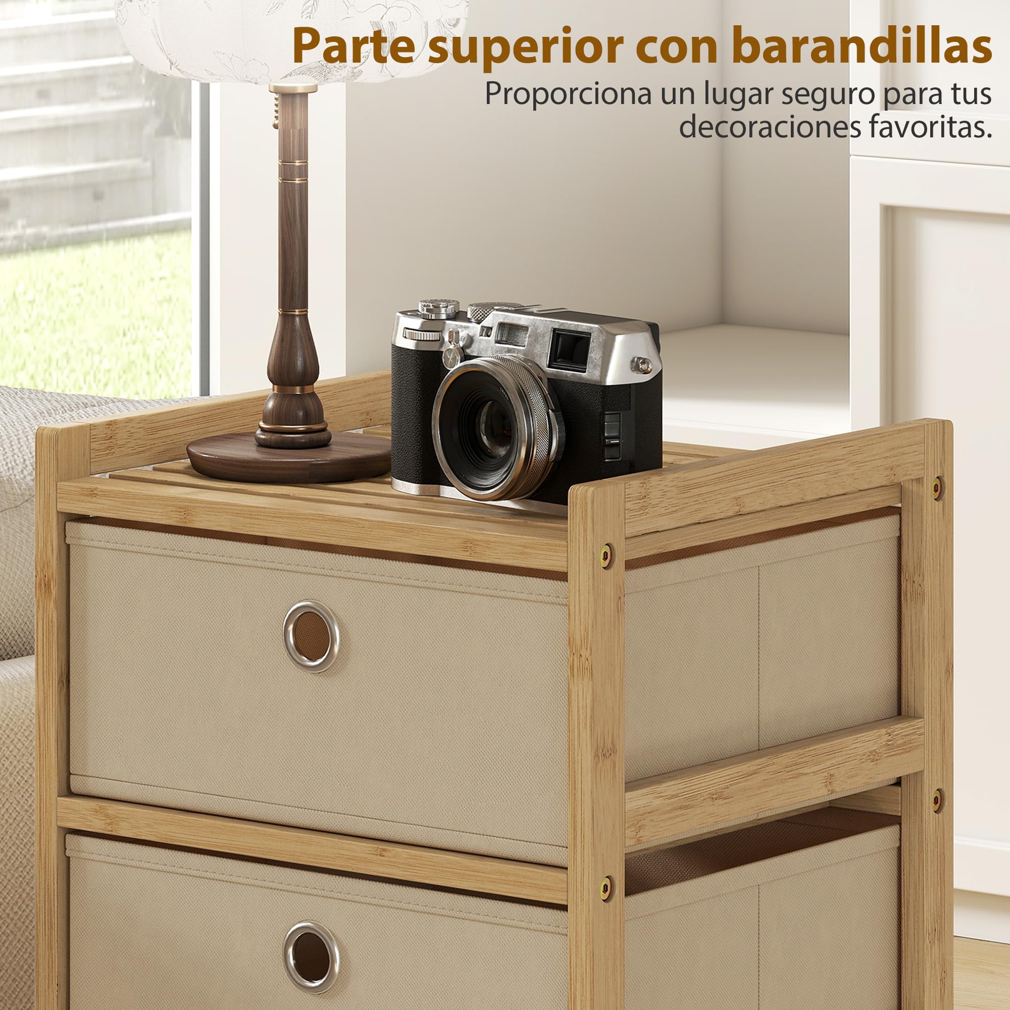 HOMCOM Cómoda con 5 Cajones de Tela, Cómoda para Dormitorio de Bambú, Cajonera para Espacios Pequeños, Salón, Oficina, Vestidor, Crema y Natural