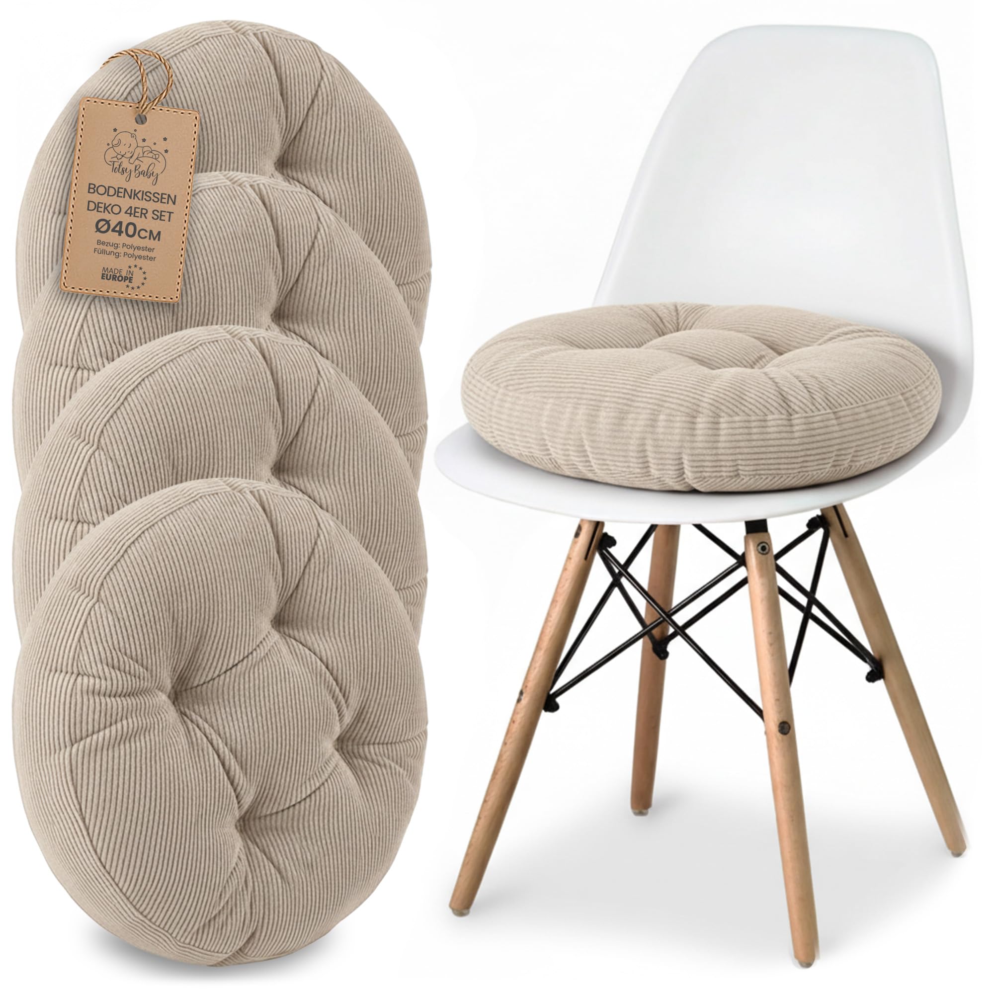 Sitzkissen Rundes Sitzpolster 4er Set 40 cm aus Cord waschbar – Stuhlkissen & Bodenkissen Sitzpolster Stuhlauflage für Esszimmer Wohnzimmer Küche Sitzbank & Hocker Beige