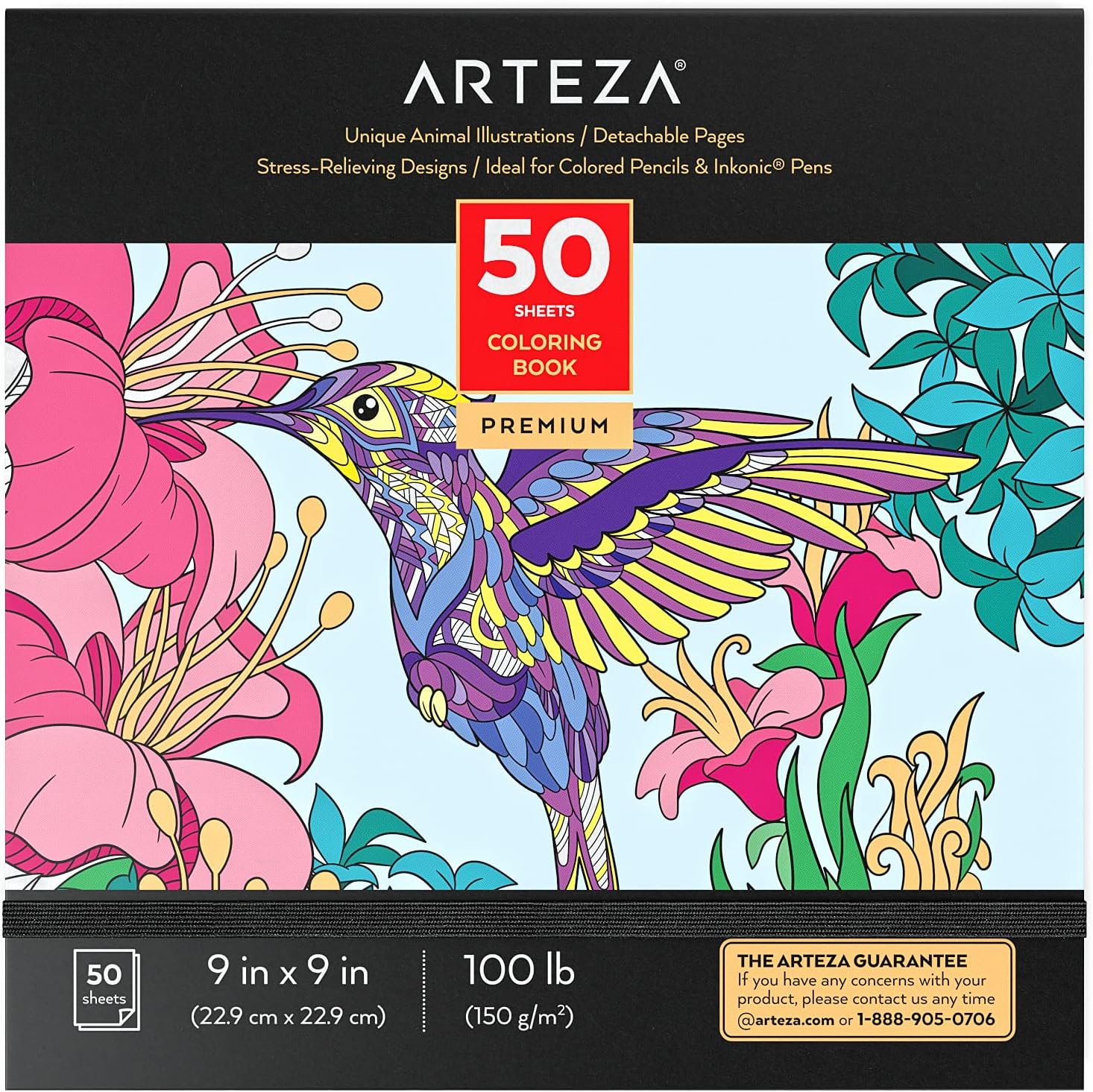 ARTEZA Adult Coloring Book, Animal Designs, 9x9 Inches, Stress-Relieving Coloring Pages with 50 One-Sided Images, 100 lb Paper