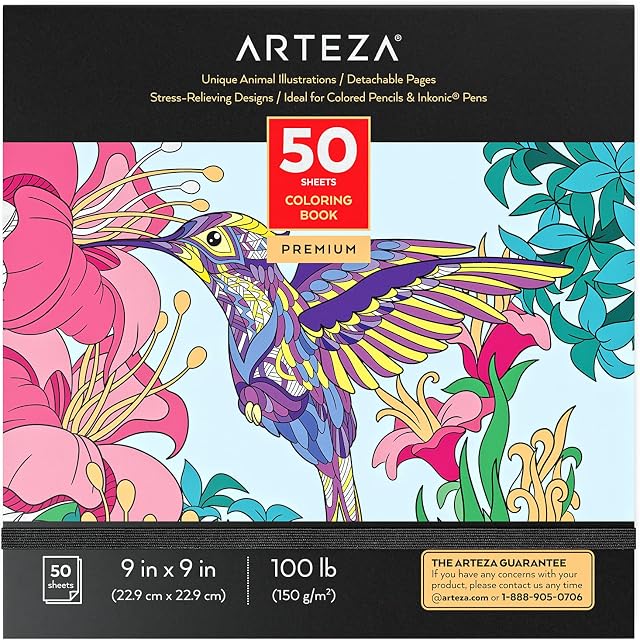 Arteza Adult Coloring Book, 9 x 9 Inches, Animal Designs, Stress-Relieving Coloring Book for Adults with 50 Different One-Sided Images, Art Supplies for Relaxing, Reflecting, and Decompressing
