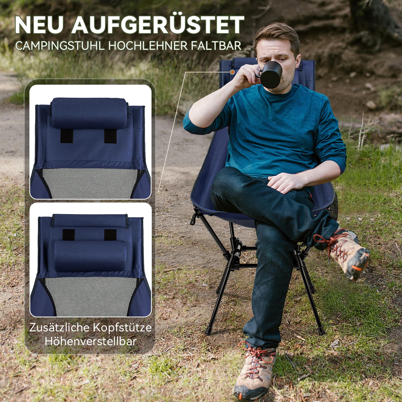 Campingstuhl Hochlehner Faltbar 150kg, Ultraleichter Tragbar Klappstuhl mit Kopfstütze 2 Seitentaschen, Kompakter Angelstuhl Klappbar mit Tragetasche für Camping, Strand, Outdoor und Wandern