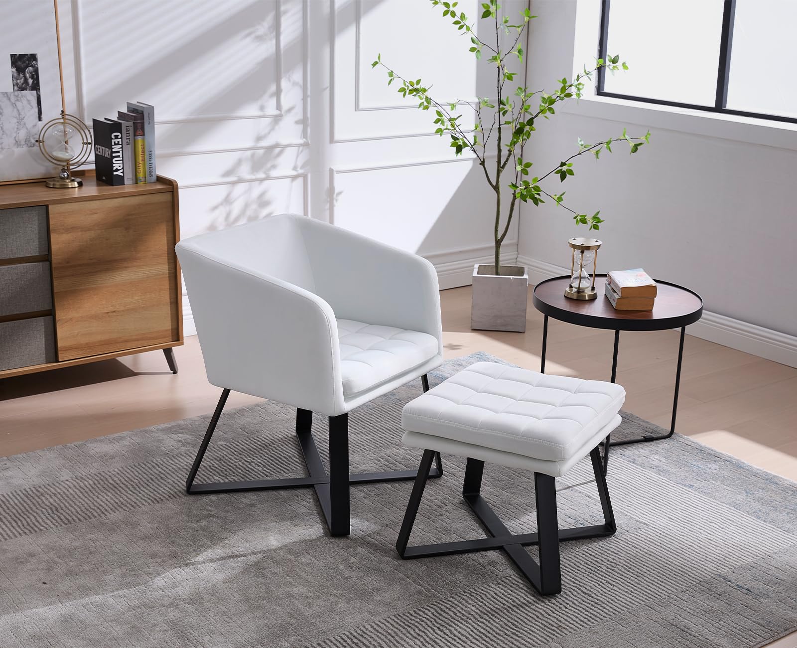 Ya-Home Set Poltrona Imbottita in Velluto con Pouf Poggiapiedi Poltrona Salotto Sedia da Salotto Poltroncina con Braccioli per Camera da Letto/Soggiorno, Beige